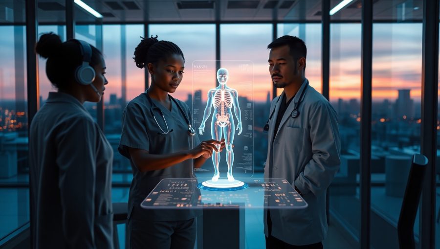 Black female doctor and Asian male developer work with a 3D hologram of human anatomy in a sleek New Orleans medical lab at dusk.